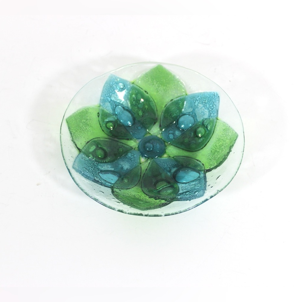 MCM Art Glass Bubble Bowl Green Blue Flower
